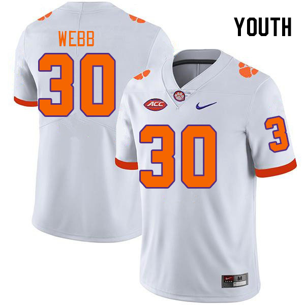 Youth Clemson Tigers Kylen Webb #30 College White NCAA Authentic Football Stitched Jersey 23SK30DF
